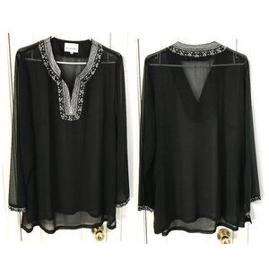 Lori Michaels Black Embroidered Sheer Long Sleeve Tunic Size 1X
